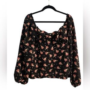Missguided Black and Pink Floral Long Sleeve Blouse Size 10 Large